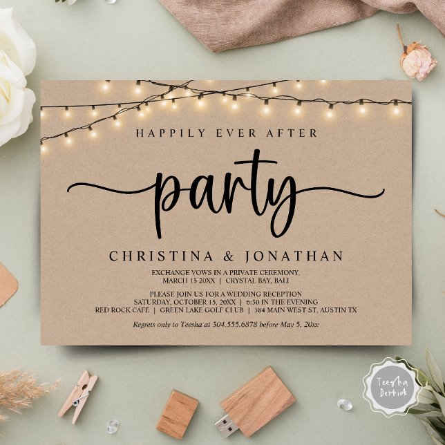 Invitación Afortunadamente Después De Un fiesta, Las Cadenas  (Happily Ever After party , Wedding Elopement Invitation Card, in Rustic String Lights Brown Kraft.)