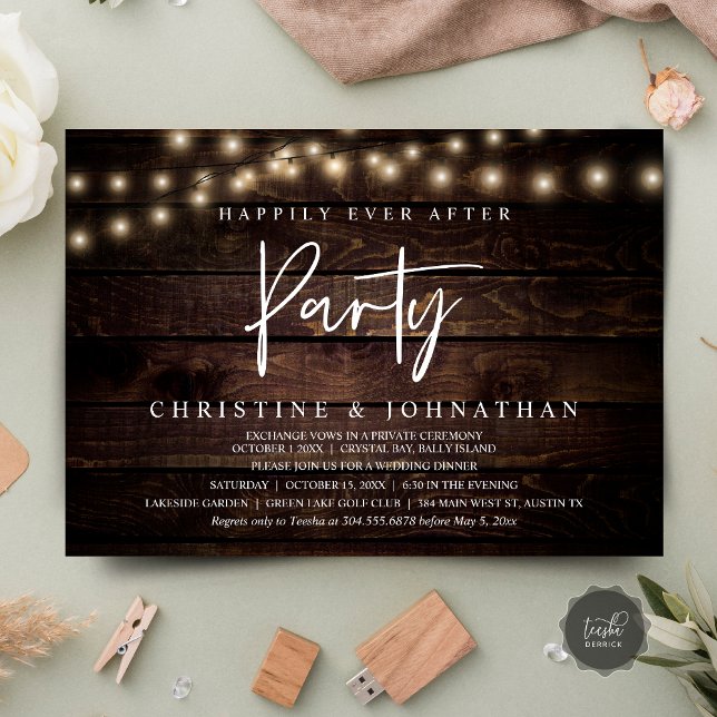 Invitación Afortunadamente Después De Un fiesta, Las Cadenas  (Happily Ever After party, String Lights Brown Dark Wood, Wedding Elopement Invitation Cards)