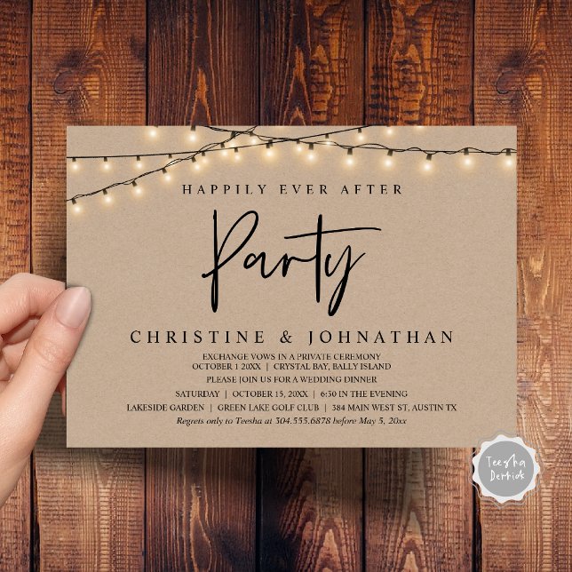 Invitación Afortunadamente Después De Un fiesta, Las Cadenas  (Happily Ever After party, String Lights Brown Kraft, Wedding Elopement Invitation Cards)