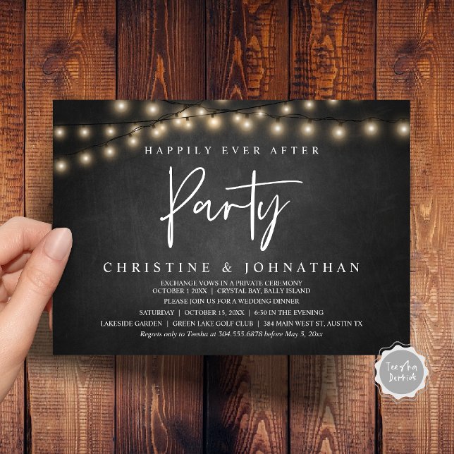 Invitación Afortunadamente Después De Un fiesta, Las Cadenas  (Happily Ever After party, String Lights chalkboard background, Wedding Elopement Invitation Cards)