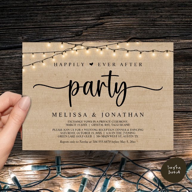 Invitación Afortunadamente Después De Un fiesta, Las Cadenas  (Happily Ever After Party, Cottage String Lights Elopement Invitation Card, PDF, Brown Wood)