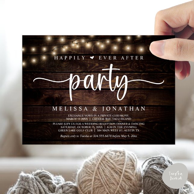 Invitación Afortunadamente Después De Un fiesta, Las Cadenas  (Happily Ever After Party, Cottage String Lights Elopement Invitation Card, PDF, Brown Wood)