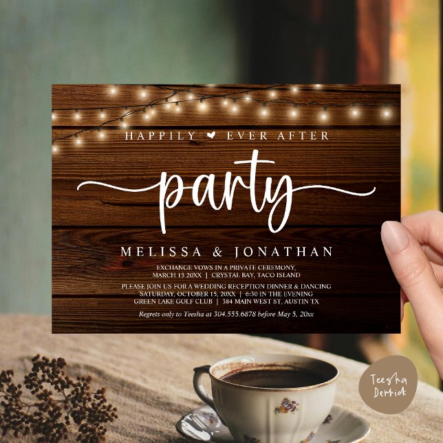 Invitación Afortunadamente Después De Un fiesta, Las Cadenas  (Happily Ever After Party, Cottage String Lights Elopement Invitation Card, PDF, Brown Wood)