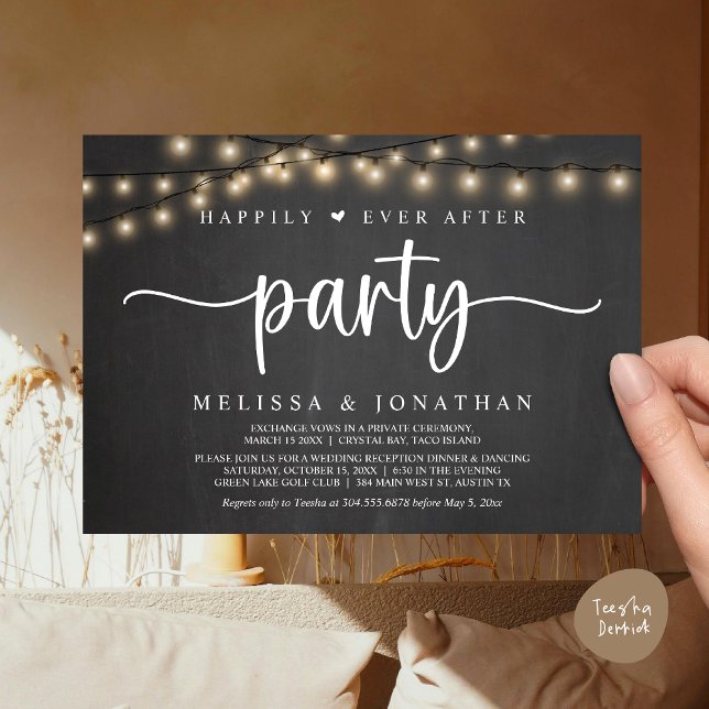 Invitación Afortunadamente Después De Un fiesta, Las Cadenas  (Happily Ever After Party, Cottage String Lights Elopement Invitation Card, PDF, Rustic Chalkboard)