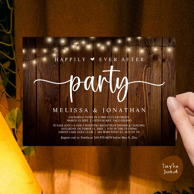 Invitación Afortunadamente Después De Un fiesta, Las Cadenas  (Happily Ever After Party, Cottage String Lights Elopement Invitation Card, PDF, Brown Wood)