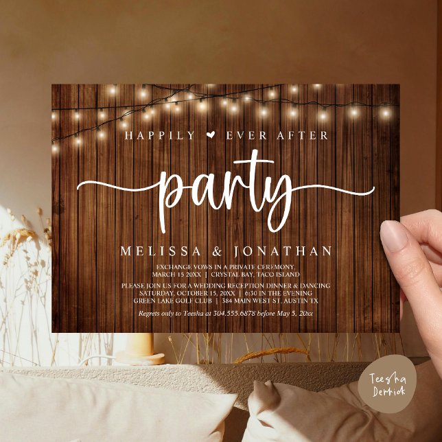 Invitación Afortunadamente Después De Un fiesta, Las Cadenas  (Happily Ever After Party, Cottage String Lights Elopement Invitation Card, PDF, Brown Wood)
