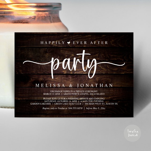 Invitación Afortunadamente Después De Un fiesta, Las Cadenas  (Happily Ever After Party, Elopement Dinner Dancing, Rustic Cottage Invitation Card, PDF Brown Wood)