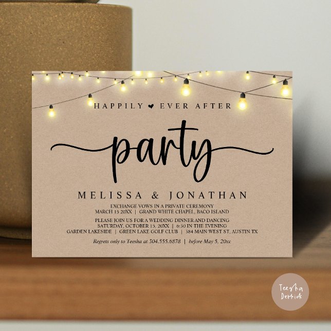 Invitación Afortunadamente Después De Un fiesta, Las Cadenas  (Happily Ever After Party, Elopement Dinner Dancing, String Lights Invitation Card, PDF, Brown Kraft)