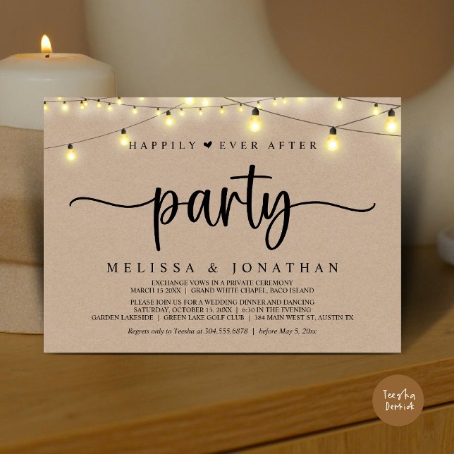 Invitación Afortunadamente Después De Un fiesta, Las Cadenas  (Happily Ever After Party, Elopement Dinner Dancing, String Lights Invitation Card, PDF, Brown Kraft)
