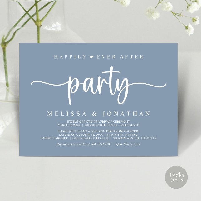 Invitación Afortunadamente Después De Un fiesta, Las Cadenas  (Happily Ever After Party, Elopement Dinner Dancing, Rustic Cottage Invitation Card, PDF, Dusty Blue)
