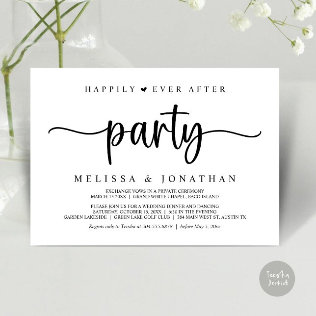 Invitación Afortunadamente Después De Un fiesta, Las Cadenas  (Happily Ever After Party, Elopement Dinner Dancing, Rustic Cottage Invitation Card, PDF, White Black)