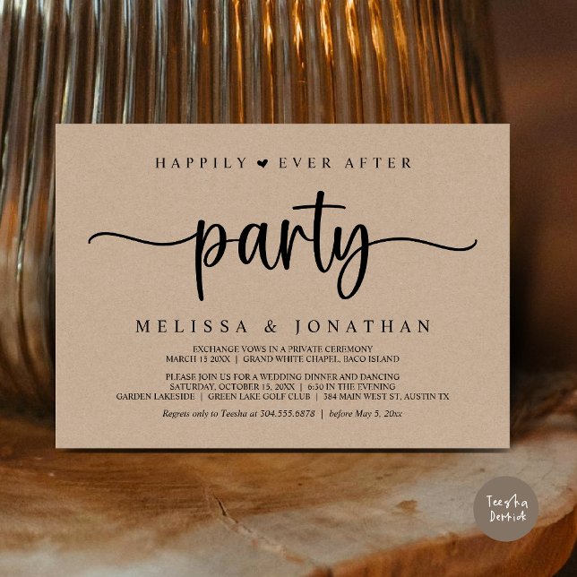 Invitación Afortunadamente Después De Un fiesta, Las Cadenas  (Happily Ever After Party, Elopement Dinner Dancing, Rustic Cottage Invitation Card, PDF, Brown Kraft)