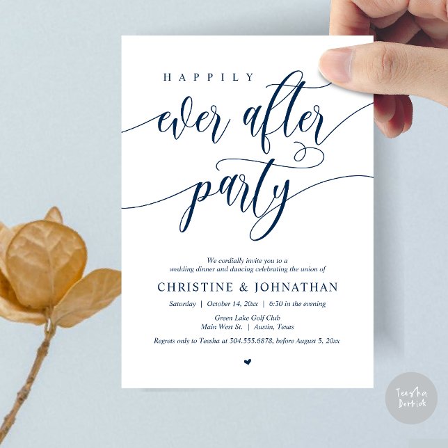 Invitación Afortunadamente, después de una cena Fiesta bailan (Happily Ever After Party Dinner Dancing Modern Invitation Card, PDF, in Navy Blue)