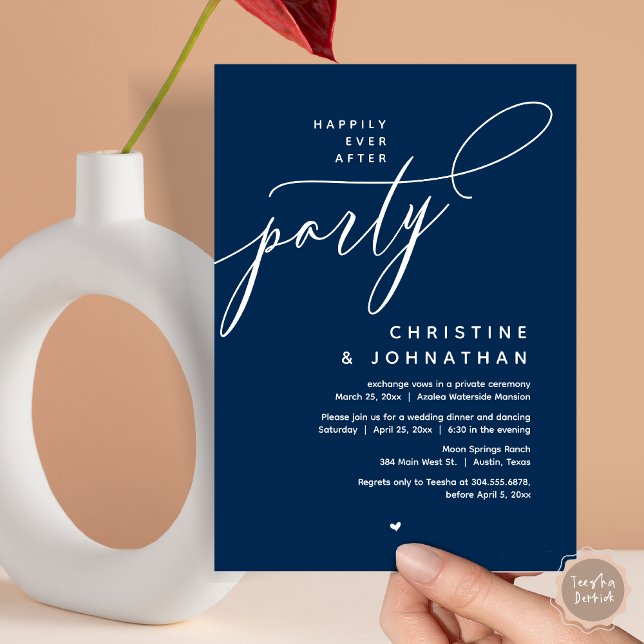 Invitación Afortunadamente Después De Una Cena Fiesta, Modern (Romantic Happily Ever After Party, Modern Wedding Dinner Invitation Card, PDF, Classy Navy Blue)