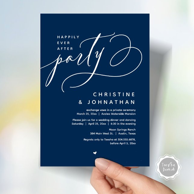 Invitación Afortunadamente Después De Una Cena Fiesta, Modern (Romantic Happily Ever After Party, Modern Wedding Dinner Invitation Card, PDF, Classy Navy Blue)