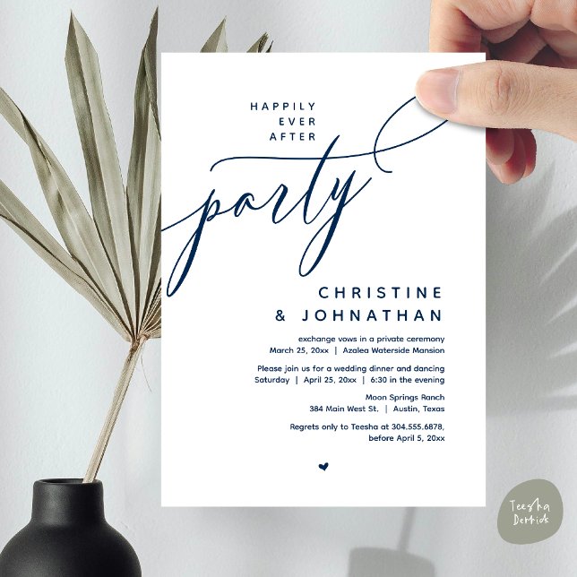 Invitación Afortunadamente Después De Una Cena Fiesta, Modern (Romantic Happily Ever After Party, Modern Wedding Dinner Invitation Card, PDF, Classy Navy Blue)