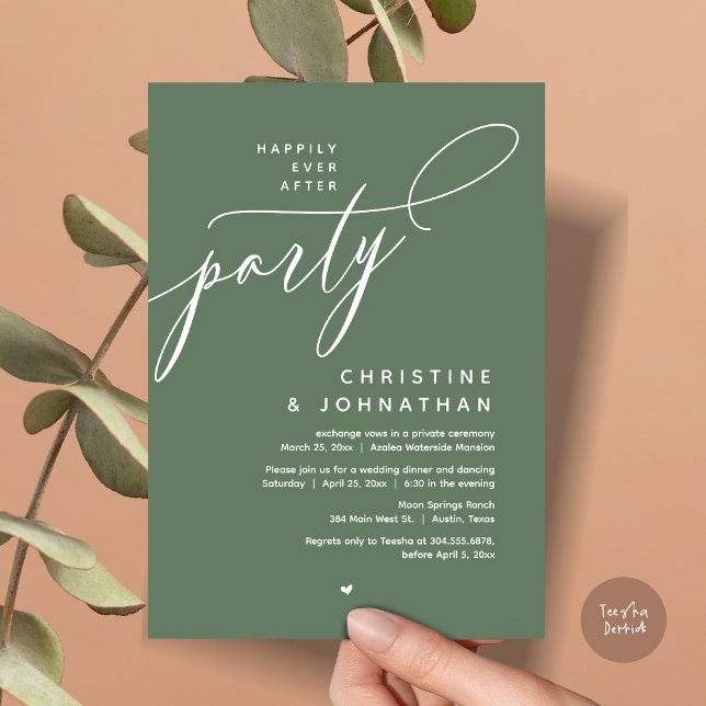 Invitación Afortunadamente Después De Una Cena Fiesta, Modern (Romantic Happily Ever After Party, Modern Wedding Dinner Invitation Card, PDF, Forest Sage Green)