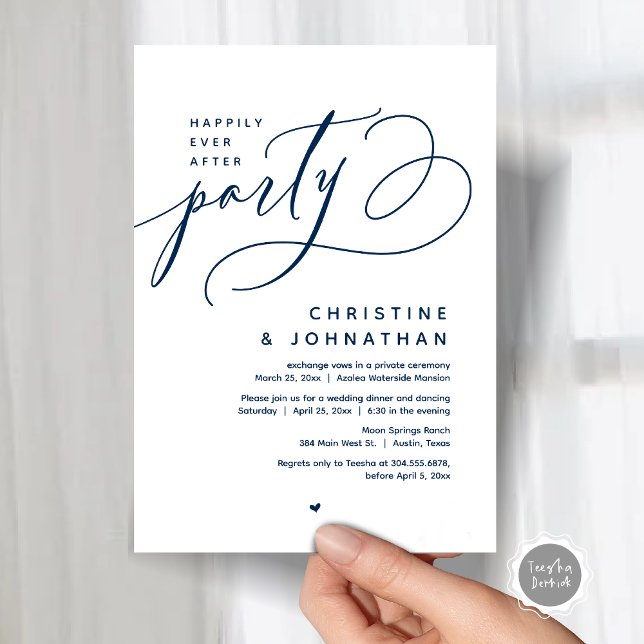 Invitación Afortunadamente Después De Una Cena Fiesta, Modern (Romantic Happily Ever After Party, Modern Wedding Dinner Invitation Card, PDF, Classy Navy Blue)