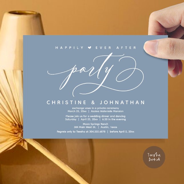 Invitación Afortunadamente Después De Una Cena Fiesta, Modern (Happily Ever After Party, Modern Wedding Dinner Invitation Card, Modern Romantic, PDF, Dusty Blue)