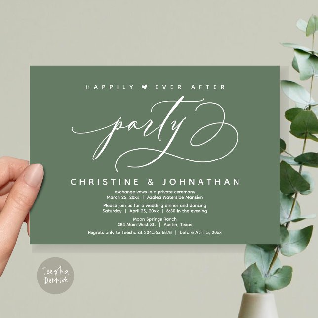 Invitación Afortunadamente Después De Una Cena Fiesta, Modern (Happily Ever After Party, Modern Wedding Dinner Invitation Card, Modern Romantic, PDF, Sage Green)