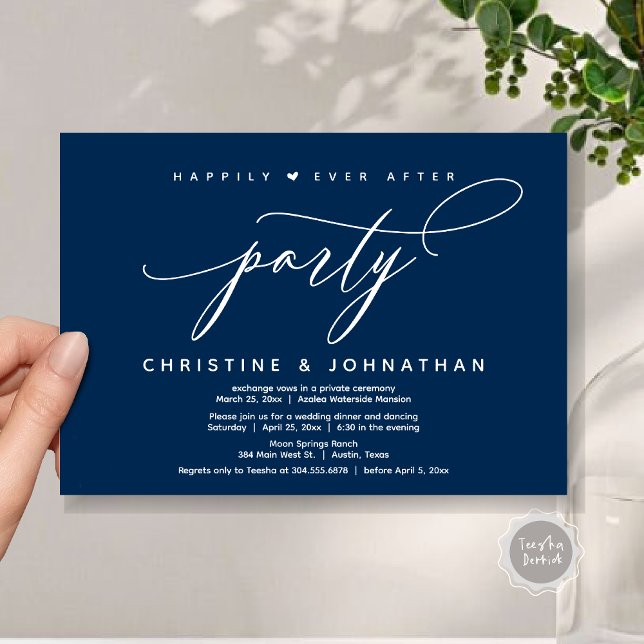 Invitación Afortunadamente Después De Una Cena Fiesta, Modern (Happily Ever After Party, Modern Wedding Dinner Invitation Card, Modern Romantic, PDF, Navy Blue)