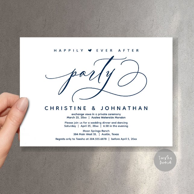 Invitación Afortunadamente Después De Una Cena Fiesta, Modern (Happily Ever After Party, Modern Wedding Dinner Invitation Card, Modern Romantic, PDF, Navy Blue)