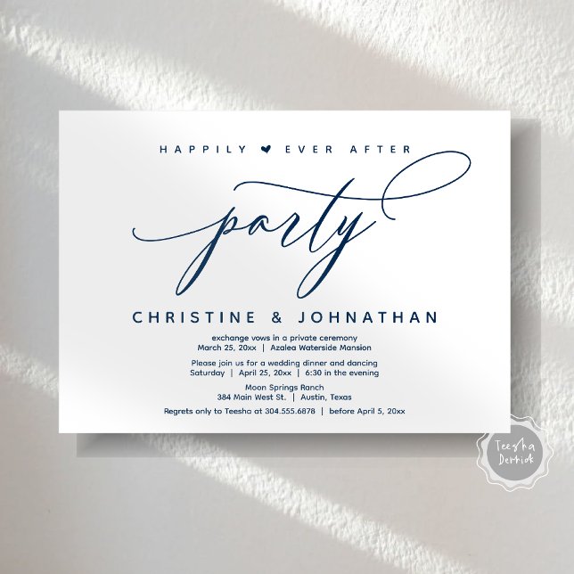Invitación Afortunadamente Después De Una Cena Fiesta, Modern (Happily Ever After Party, Modern Wedding Dinner Invitation Card, Modern Romantic, PDF, Navy Blue)