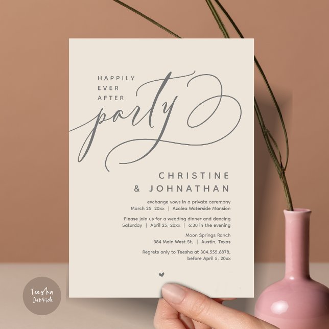 Invitación Afortunadamente Después De Una Cena Fiesta, Modern (Romantic Happily Ever After Party, Modern Wedding Dinner Invitation Card, PDF, Cream Grey)