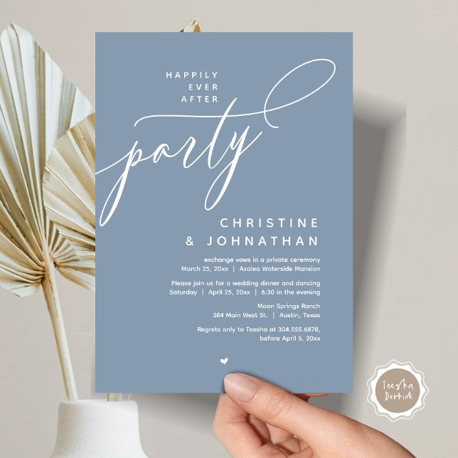 Invitación Afortunadamente Después De Una Cena Fiesta, Modern (Romantic Happily Ever After Party, Modern Wedding Dinner Invitation Card, PDF, Dusty Blue)