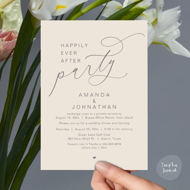 Invitación Afortunadamente Después De Una Cena Fiesta, Románt (Happily Ever After Party, Modern Romantic Wedding Dinner Invitation Card, PDF, Cream Grey)