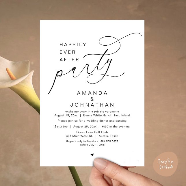 Invitación Afortunadamente Después De Una Cena Fiesta, Románt (Happily Ever After Party, Modern Romantic Wedding Dinner Invitation Card, PDF, White Black)