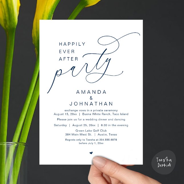 Invitación Afortunadamente Después De Una Cena Fiesta, Románt (Happily Ever After Party, Modern Romantic Wedding Dinner Invitation Card, PDF, Navy Blue)