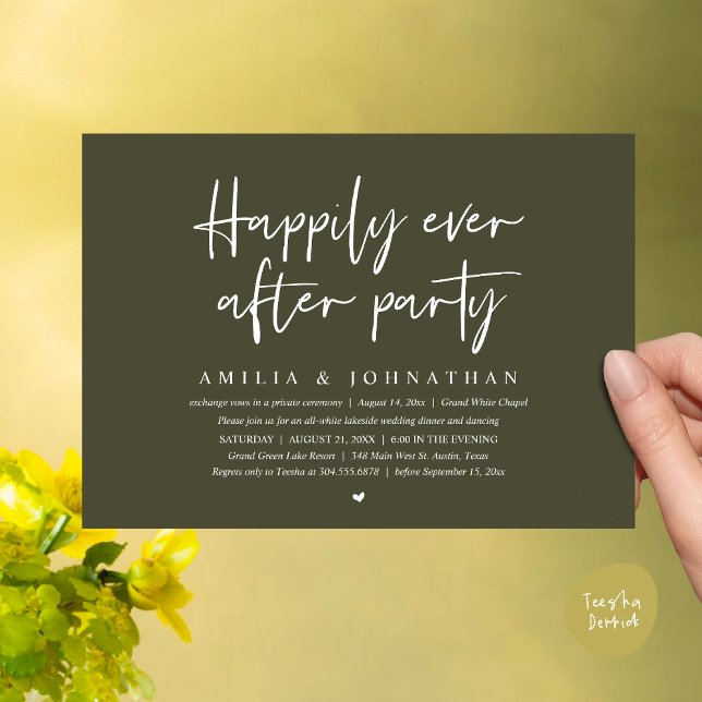 Invitación Afortunadamente Después De Una Cena Fiesta, Románt (Happily Ever After Party, After the wedding celebration Romantic Dinner Invites PDF Olive Green)