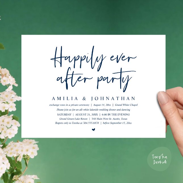 Invitación Afortunadamente Después De Una Cena Fiesta, Románt (Happily Ever After Party, After the wedding celebration Romantic Dinner Invites Card PDF Navy Blue)