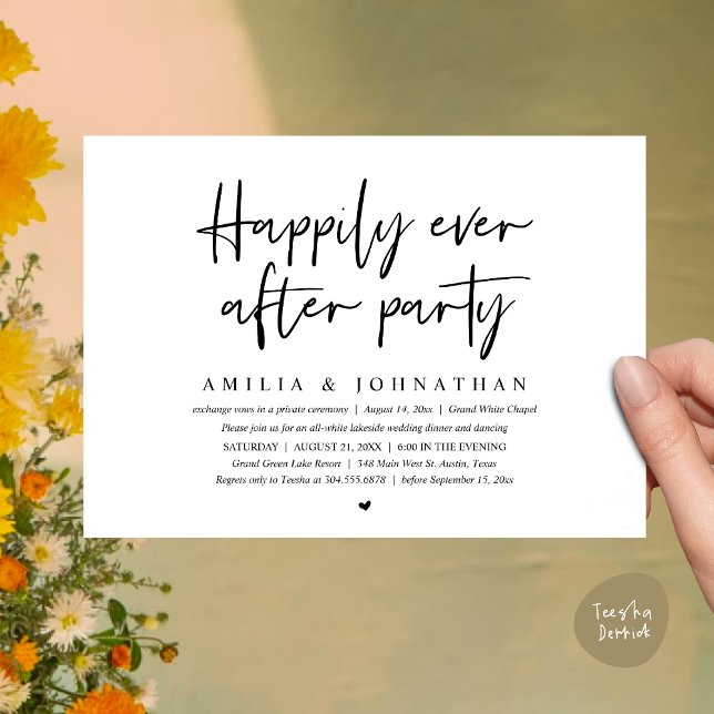 Invitación Afortunadamente Después De Una Cena Fiesta, Románt (Happily Ever After Party, After the wedding celebration Romantic Dinner Invites Card PDF White Black)
