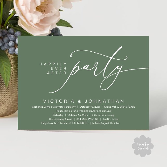 Invitación Afortunadamente Después De Una Cena Fiesta, Románt (Happily Ever After Party, Romantic Wedding Dinner Invitation Card PDF aesthetic Rustic Sage Green)