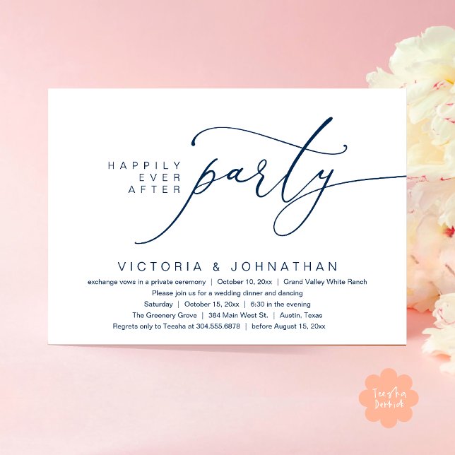 Invitación Afortunadamente Después De Una Cena Fiesta, Románt (Happily Ever After Party, Romantic Wedding Dinner Invitation Card PDF aesthetic Classy Navy Blue)
