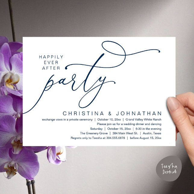 Invitación Afortunadamente Después De Una Cena Fiesta, Románt (Happily Ever After Party, Romantic Modern Elopement Dinner Dancing Invites Card PDF Navy Blue)