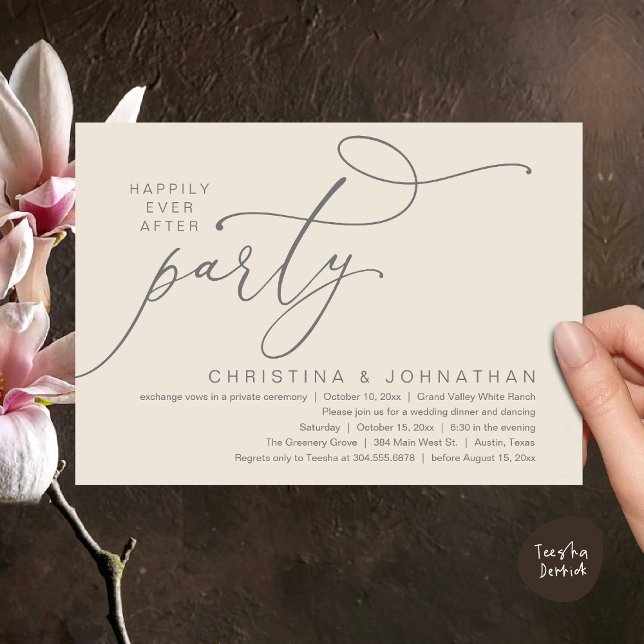Invitación Afortunadamente Después De Una Cena Fiesta, Románt (Happily Ever After Party, Romantic Modern Elopement Dinner Dancing Invites Card PDF Cream Grey)