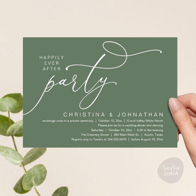 Invitación Afortunadamente Después De Una Cena Fiesta, Románt (Happily Ever After Party, Romantic Modern Elopement Dinner Dancing Invites Card PDF Sage Green)