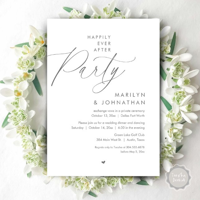Invitación Afortunadamente Después De Una Cena Fiesta, Románt (Happily Ever After Party, Modern Romantic Wedding Dinner Invitation Card, PDF, in Dark Grey Cream)