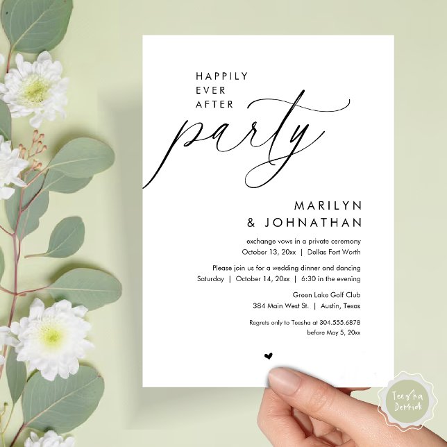 Invitación Afortunadamente Después De Una Cena Fiesta, Románt (Happily Ever After Party, Modern Romantic Wedding Dinner Invitation Card, PDF, in Black and White)