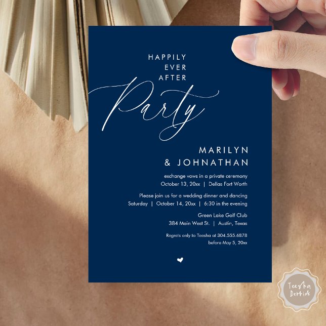 Invitación Afortunadamente Después De Una Cena Fiesta, Románt (Happily Ever After Party, Modern Romantic Wedding Dinner Invitation Card, PDF, in Navy Blue)