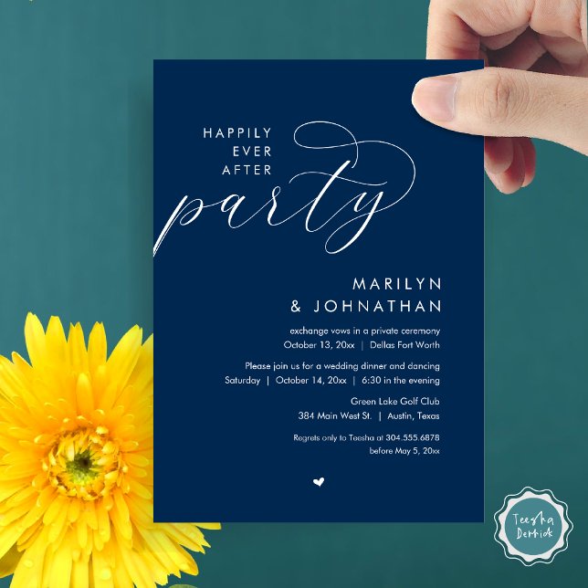 Invitación Afortunadamente Después De Una Cena Fiesta, Románt (Happily Ever After Party, Modern Romantic Wedding Dinner Invitation Card, PDF, in Navy Blue)