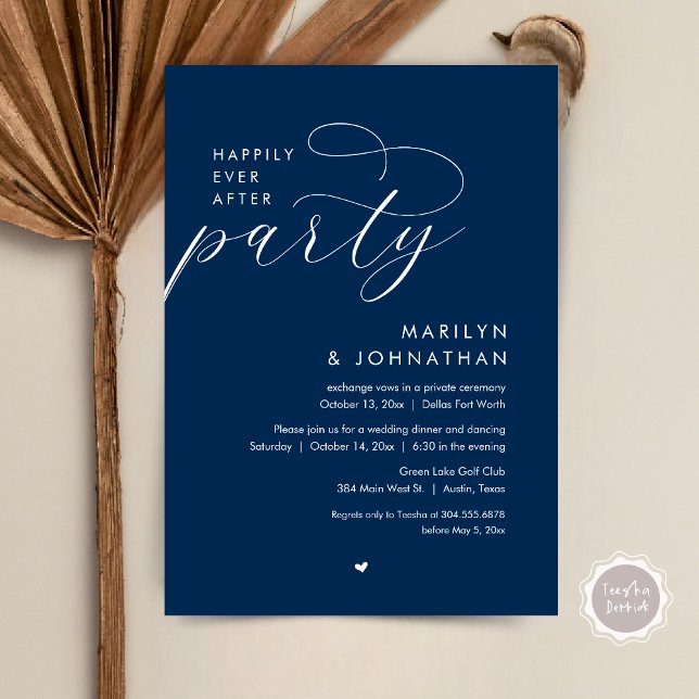Invitación Afortunadamente Después De Una Cena Fiesta, Románt (Happily Ever After Party, Modern Romantic Wedding Dinner Invitation Card, PDF, in Navy Blue)