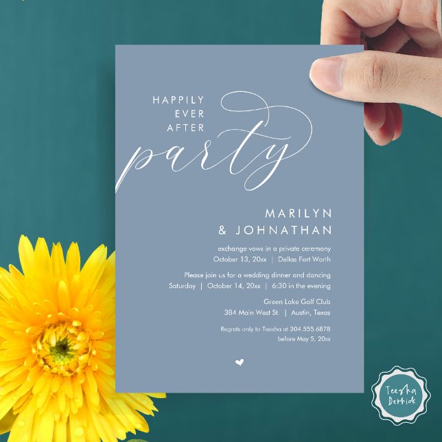 Invitación Afortunadamente Después De Una Cena Fiesta, Románt (Happily Ever After Party, Modern Romantic Wedding Dinner Invitation Card, PDF, in Dusty Blue)