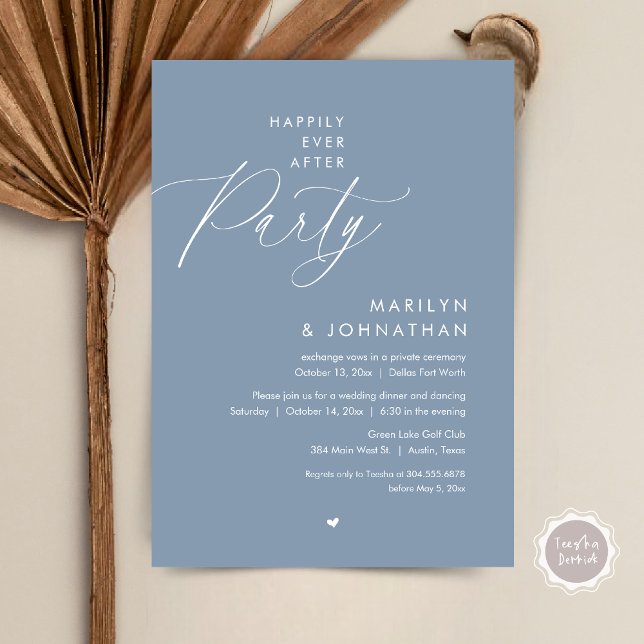 Invitación Afortunadamente Después De Una Cena Fiesta, Románt (Happily Ever After Party, Modern Romantic Wedding Dinner Invitation Card, PDF, in Dusty Blue)