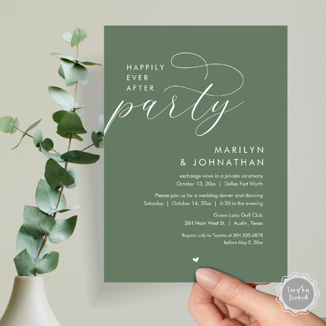 Invitación Afortunadamente Después De Una Cena Fiesta, Románt (Happily Ever After Party, Modern Romantic Wedding Dinner Invitation Card, PDF, in Forest Sage Green)