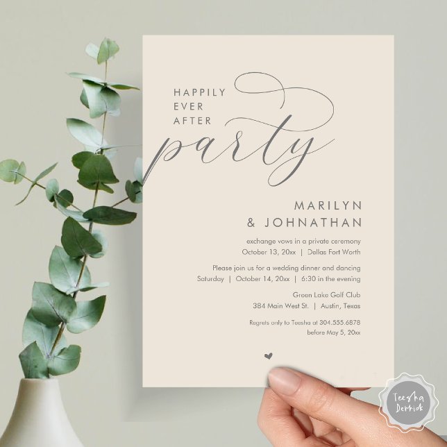 Invitación Afortunadamente Después De Una Cena Fiesta, Románt (Happily Ever After Party, Modern Romantic Wedding Dinner Invitation Card, PDF, in Dark Grey Cream)