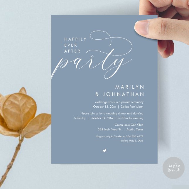 Invitación Afortunadamente Después De Una Cena Fiesta, Románt (Happily Ever After Party, Modern Romantic Wedding Dinner Invitation Card, PDF, in Dusty Blue)
